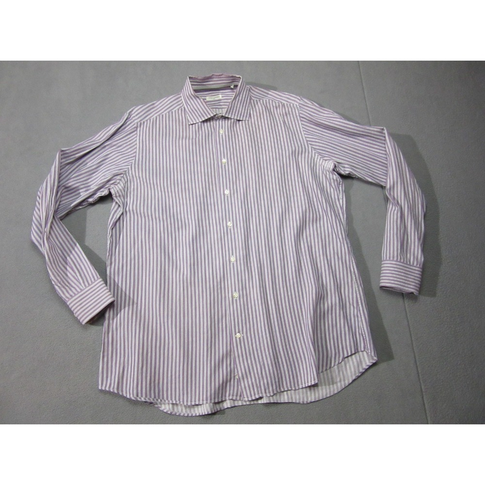 Angelo Nardelli Shirt Men XL Purple White Striped Casual Spread Collar Button Up